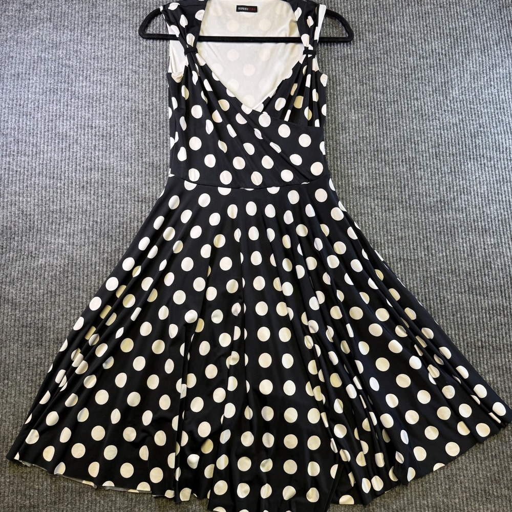 Georgiou Studio Womens XS Black White Polka Dot Fit Flare Midi‎ Dress